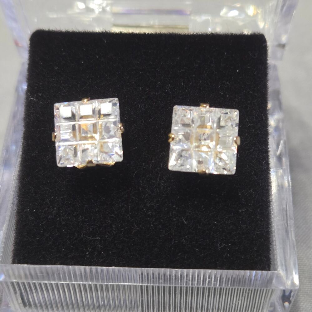 Square Grid Sz 8 Cubic Zirconia Stud Earrings Surgical Steel Posts